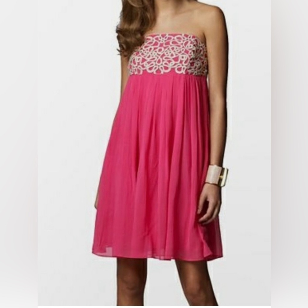Lilly Pulitzer Jillie Pink Chiffon strapless Dress. Gold detail. Sz 8. NWT $328